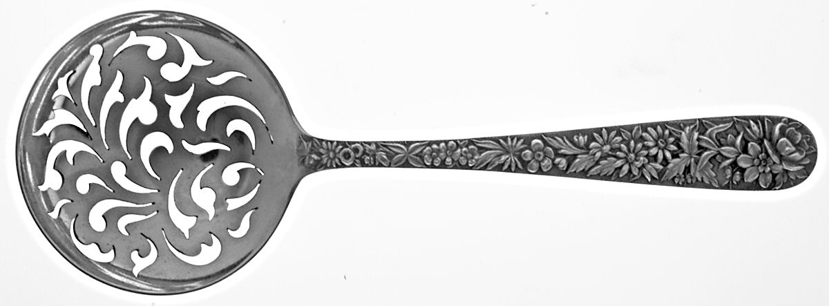 Repousse (Sterling, 1896, 925-1000) Large Pierced Pea Serving Spoon by Kirk Stieff-1