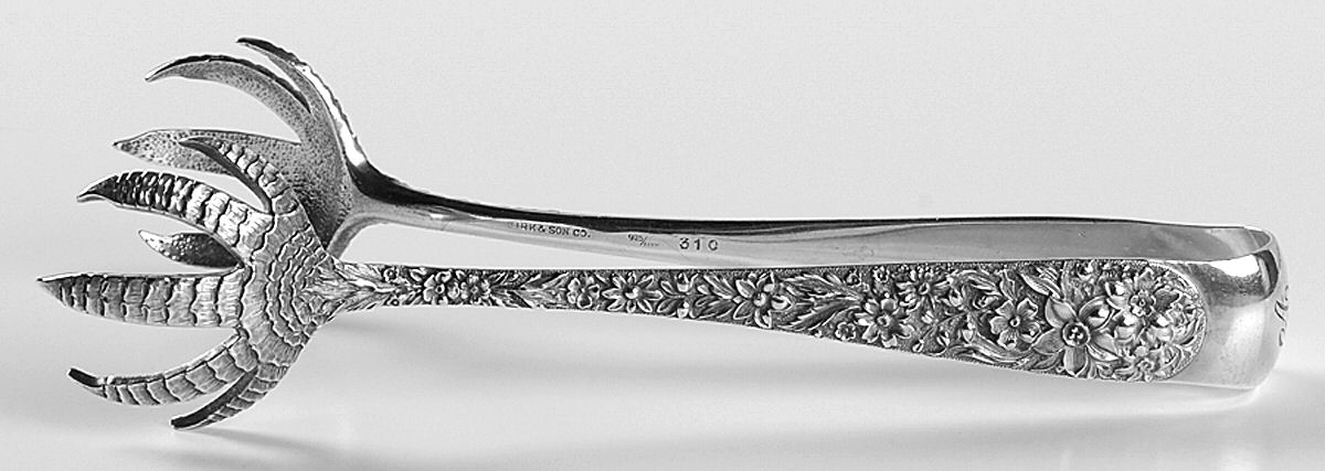 Repousse (Sterling, 1896, 925-1000) Large Ice Serving Tongs with Claw Tips by Kirk Stieff-1