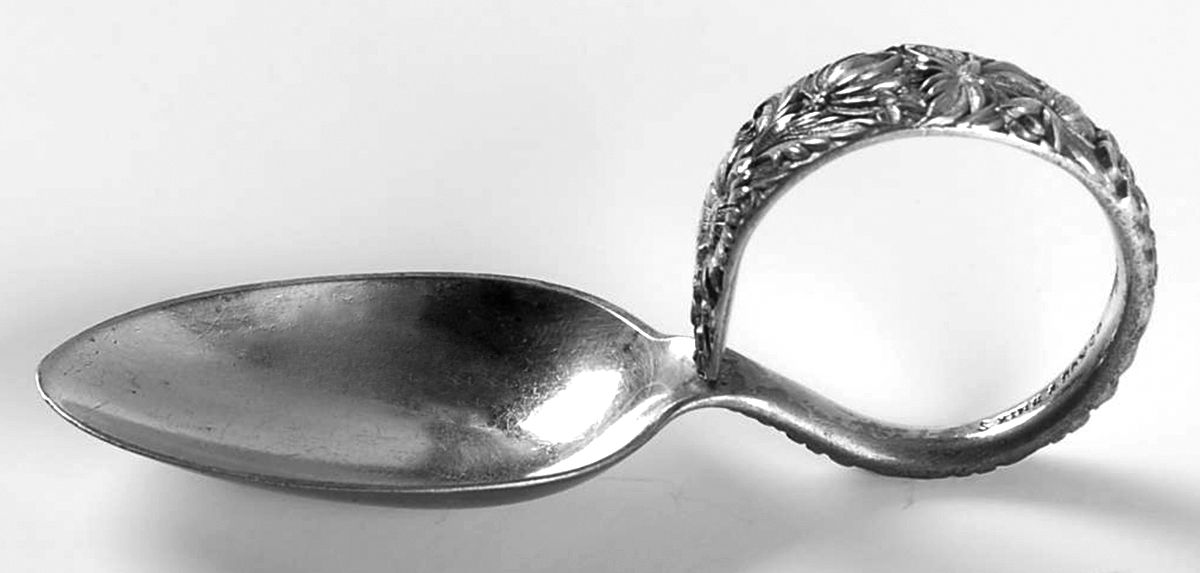 Repousse (Sterling, 1896, 925-1000) Curved Handle Baby Spoon by Kirk Stieff-1