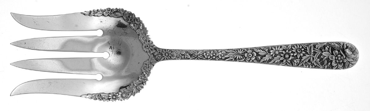 Repousse (Sterling, 1896, 925-1000) Applied Bowl Large Solid Fish Serving Fork by Kirk Stieff-1