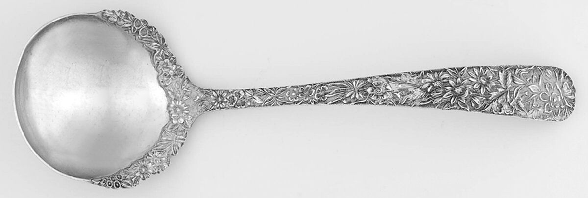 Repousse (Sterling, 1896, 925-1000) Gravy Ladle with Applied Bowl Large by Kirk Stieff-1