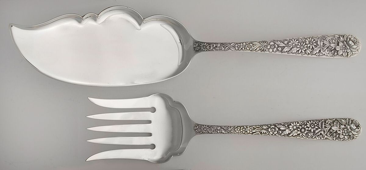 Repousse (Sterling, 1896, 925-1000) 2 Piece Large Solid Fish Serving Set by Kirk Stieff-1
