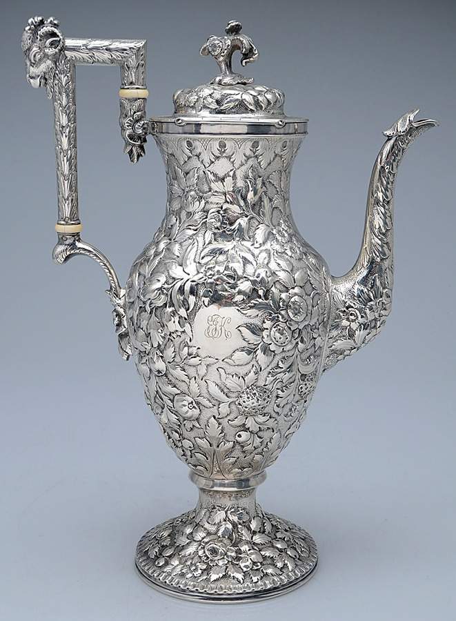 Repousse-Ram's Head (Coin, Full Chased) Sterling Large Coffee Pot by Kirk Stieff-1