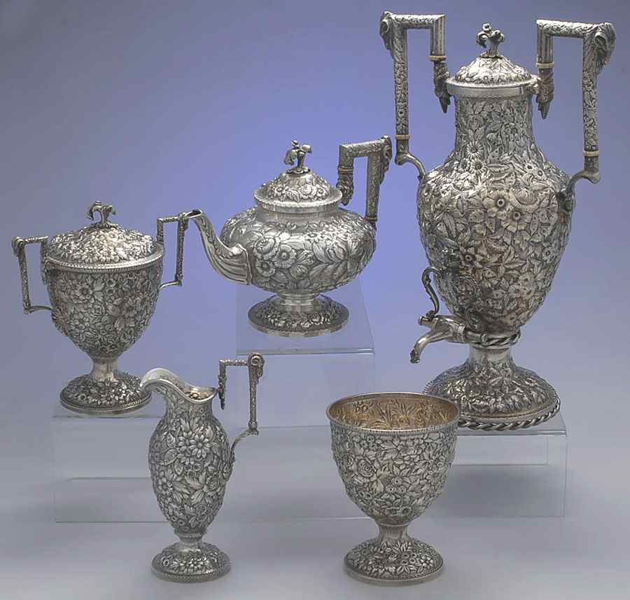 Repousse-Ram's Head (Coin, Full Chased) 5 Piece Tea Set (STP, SCR, SSU, SWB, URN) by Kirk Stieff-1