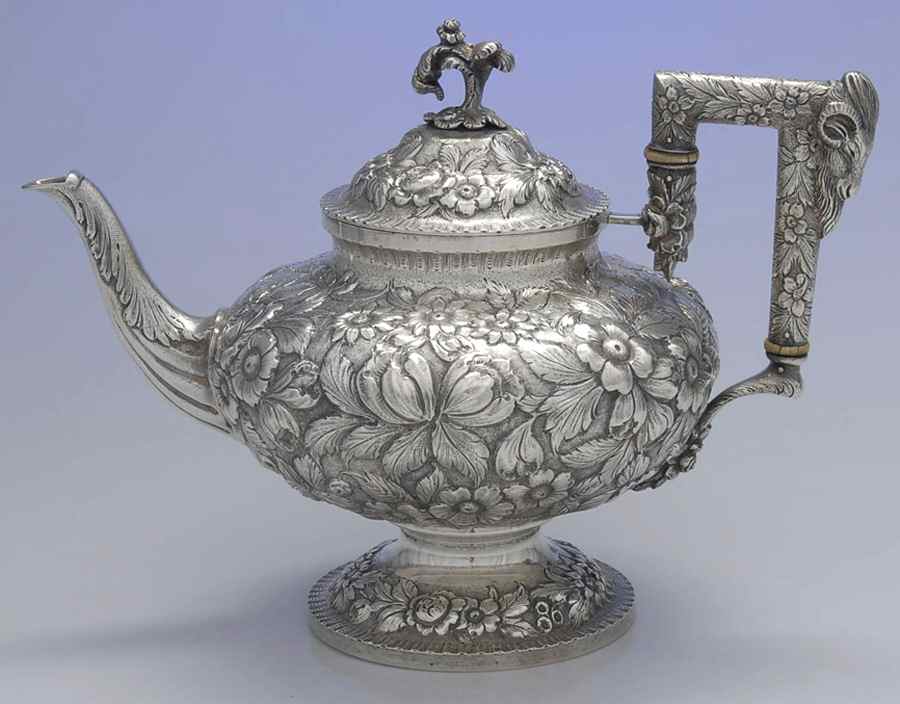 Repousse-Ram's Head (Coin, Full Chased) Teapot by Kirk Stieff-1