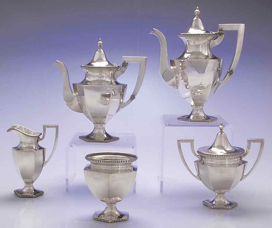 Colonial-Beaded (Sterling, 500, Hollowware) 5 Piece Tea Set (SCP, STP, SCR, SSU, SWB) by Kirk Stieff-1