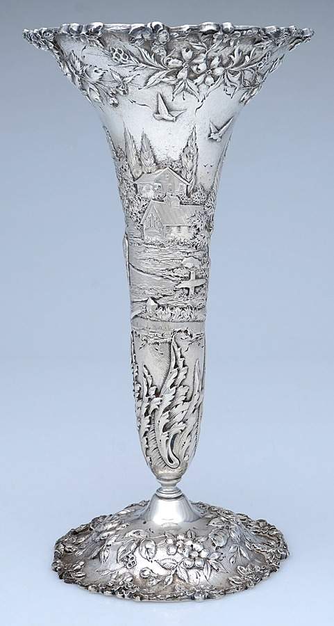 Repousse-Full Chsd-Landsc(925-1000) 12" Trumpet Vase by Kirk Stieff-1
