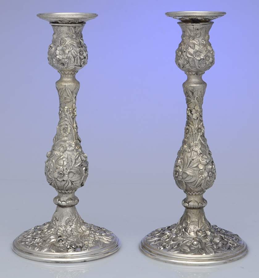 Repousse-Full Chased-Hand Chased Pair of Weighted Candlesticks with Bobeche by Kirk Stieff-1