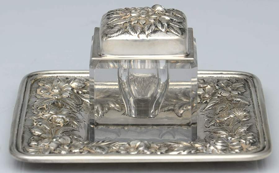 Repousse-Full Chased-Hand Chased (3 Piece) Inkwell with Glass Base by Kirk Stieff-1