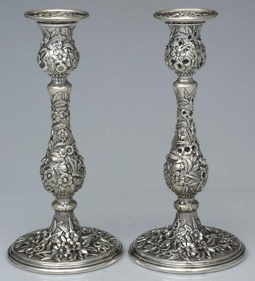 Repousse-Full Chased-Hand Chased Pair of Weighted Candlesticks with Bobeche by Kirk Stieff-1