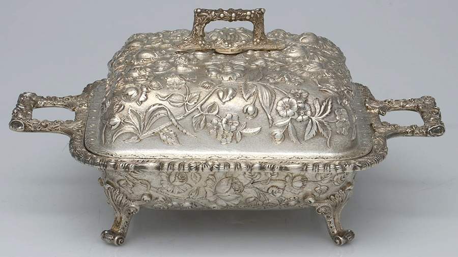 Repousse-Full Chased-Hand Chased Square Covered Vegetable Bowl by Kirk Stieff-1