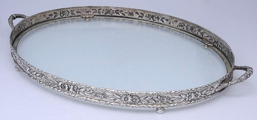 Repousse-Full Chased-Hand Chased 22" Glass Bottom Waiter Tray by Kirk Stieff-1