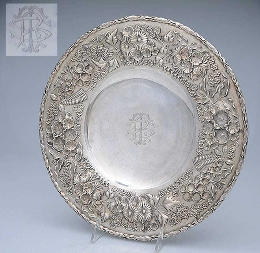 Repousse-Full Chased-Hand Chased 12" Footed Cake Plate by Kirk Stieff-1