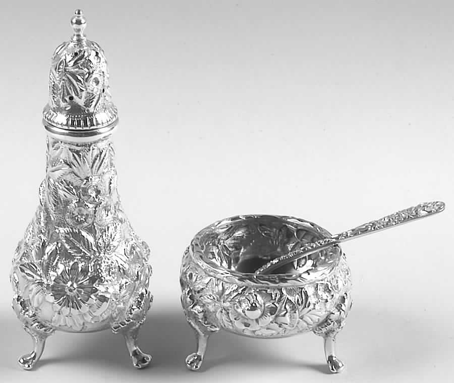 Repousse-Full Chased-Hand Chased Sterling Open Salt, Spoon and Pepper Individual by Kirk Stieff-1