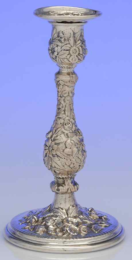 Repousse-Full Chased-Hand Chased Weighted Candlestick with Bobeche by Kirk Stieff-1