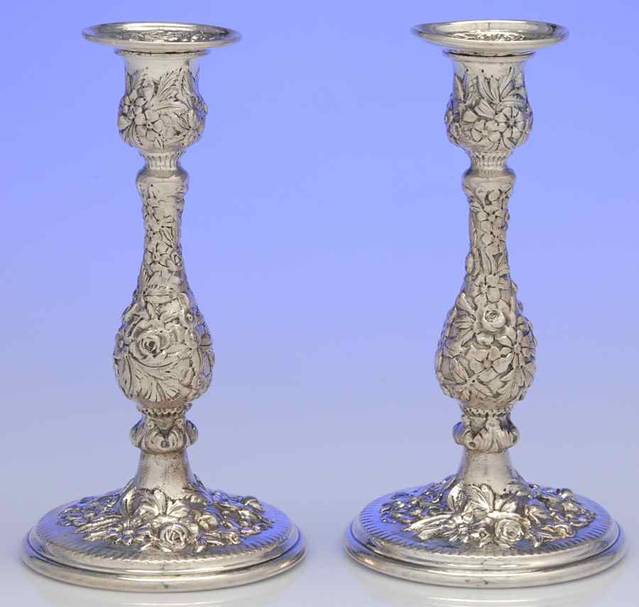Repousse-Full Chased-Hand Chased Pair of Weighted Candlesticks with Bobeche by Kirk Stieff-1