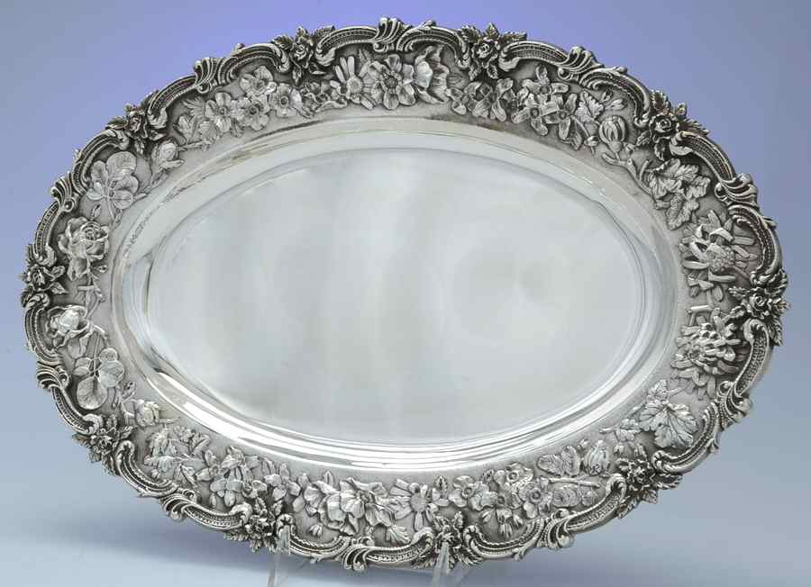 Repousse-Full Chased-Hand Chased 18" Oval Serving Platter by Kirk Stieff-1