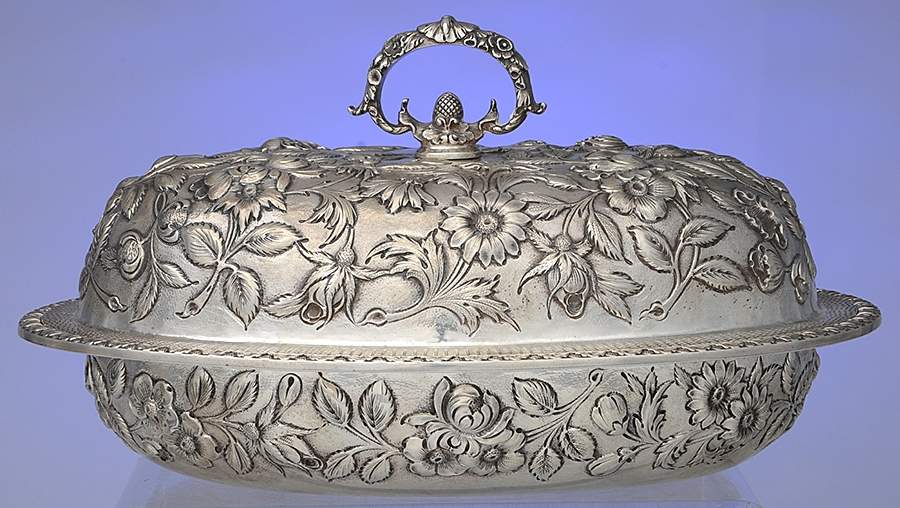 Repousse-Full Chased-Hand Chased 10" Oval Double Vegetable by Kirk Stieff-1