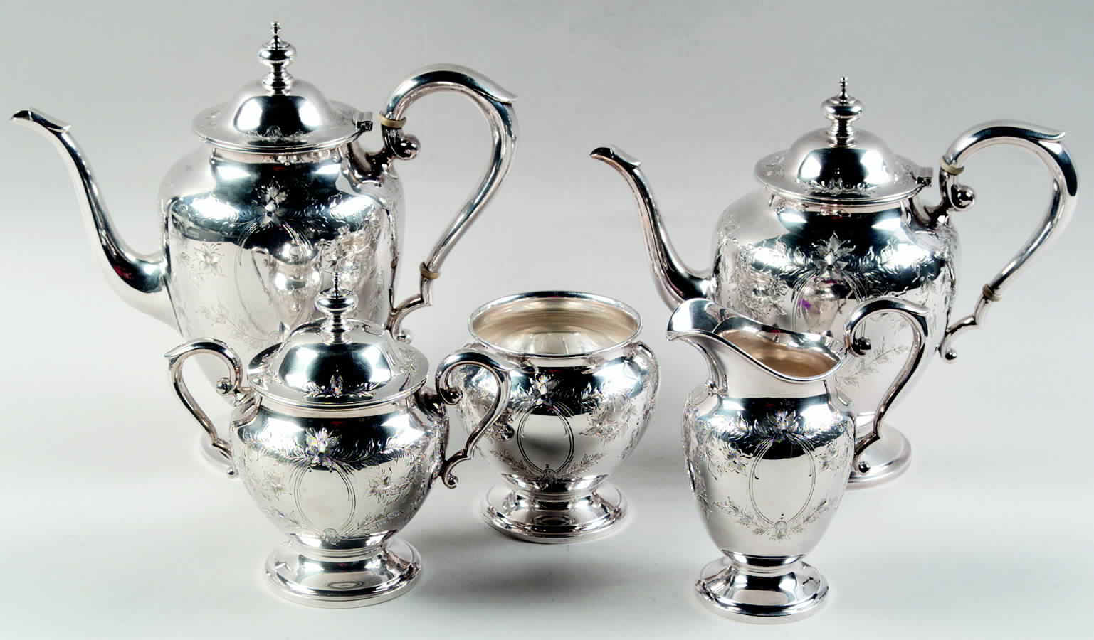 Primrose (Sterling, Hollowware) 5 Piece Tea Set (SCP, STP, SCR, SSU, SWB) by Kirk Stieff-1