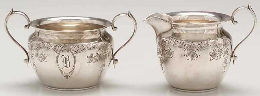 Primrose (Sterling, Hollowware) Mini Sterling Creamer and Open Sugar by Kirk Stieff-1