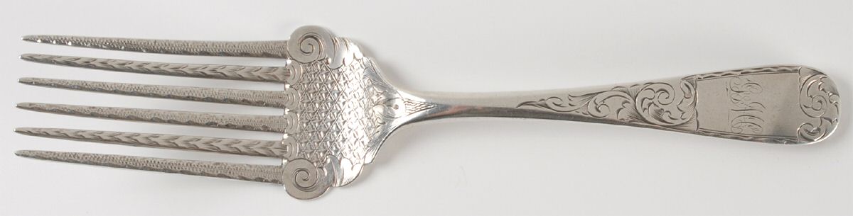 Mayflower (Coin) Bright Cut Solid Serving Fork by Kirk Stieff-1