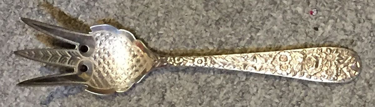 Repousse (Sterling, Coin, 1830) Bright Cut Relish Fork by Kirk Stieff-1