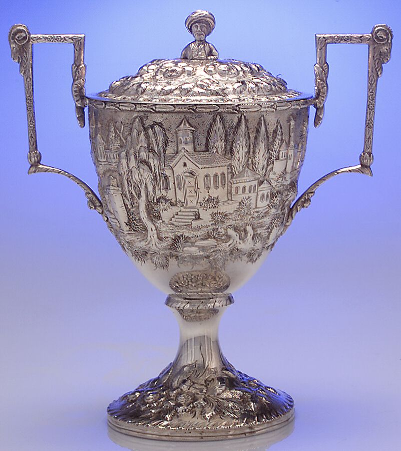 Repousse-Full Chased-Landscape (Coin) Sugar Bowl & Lid by Kirk Stieff-1
