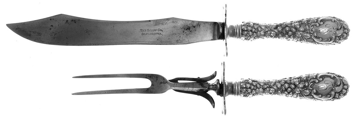 Stieff Rose (Sterling, 1892, Monograms) 2 Pc Game Carving Set,Stnl Blade,Full Repousse by Kirk Stieff-1
