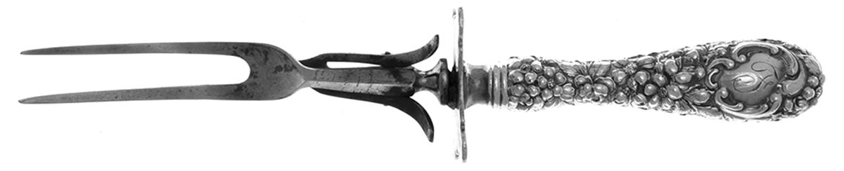 Stieff Rose (Sterling, 1892, No Monograms) Game Carving Fork,Stnls Blade,Full Repousse by Kirk Stieff-1