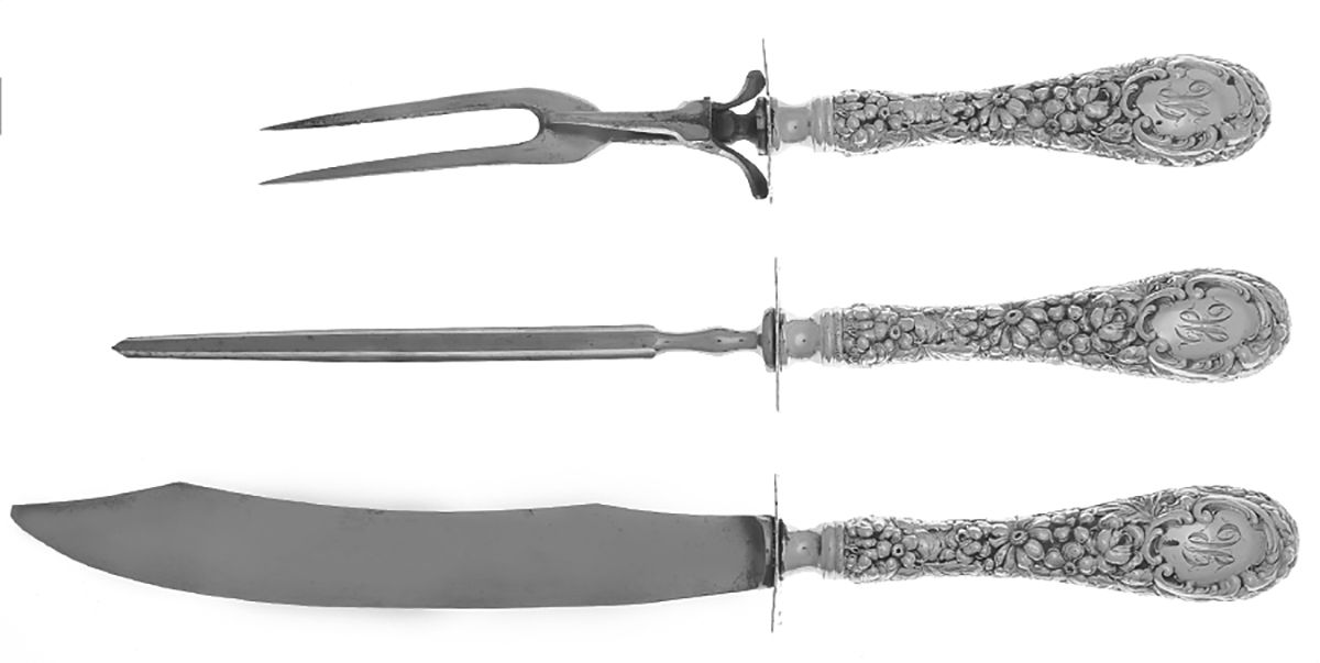 Stieff Rose (Sterling, 1892, Monograms) Large 3-Piece Roast Carving Set w/Stainless Blade by Kirk Stieff-1