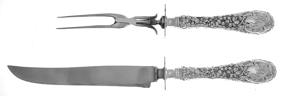 Stieff Rose (Sterling, 1892, Monograms) Large 2-Piece Roast Carving Set w/Stainless Blade by Kirk Stieff-1