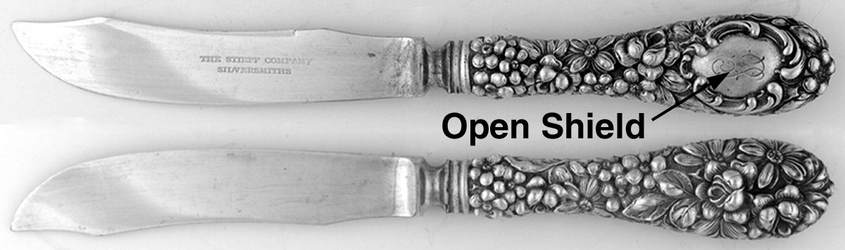 Stieff Rose (Sterling, 1892, Monograms) Individual Fruit Knife, Silverplate Blade w/Shield by Kirk Stieff-1