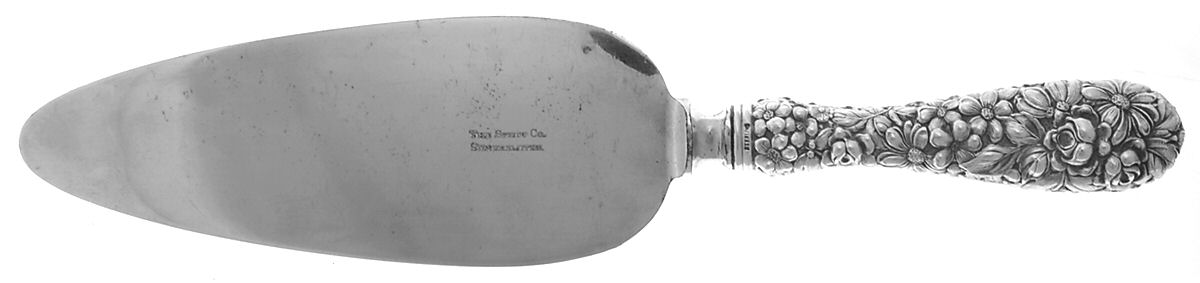 Stieff Rose (Sterling, 1892, Monograms) Pie Server with Silverplate Blade,Full Repousse by Kirk Stieff-1