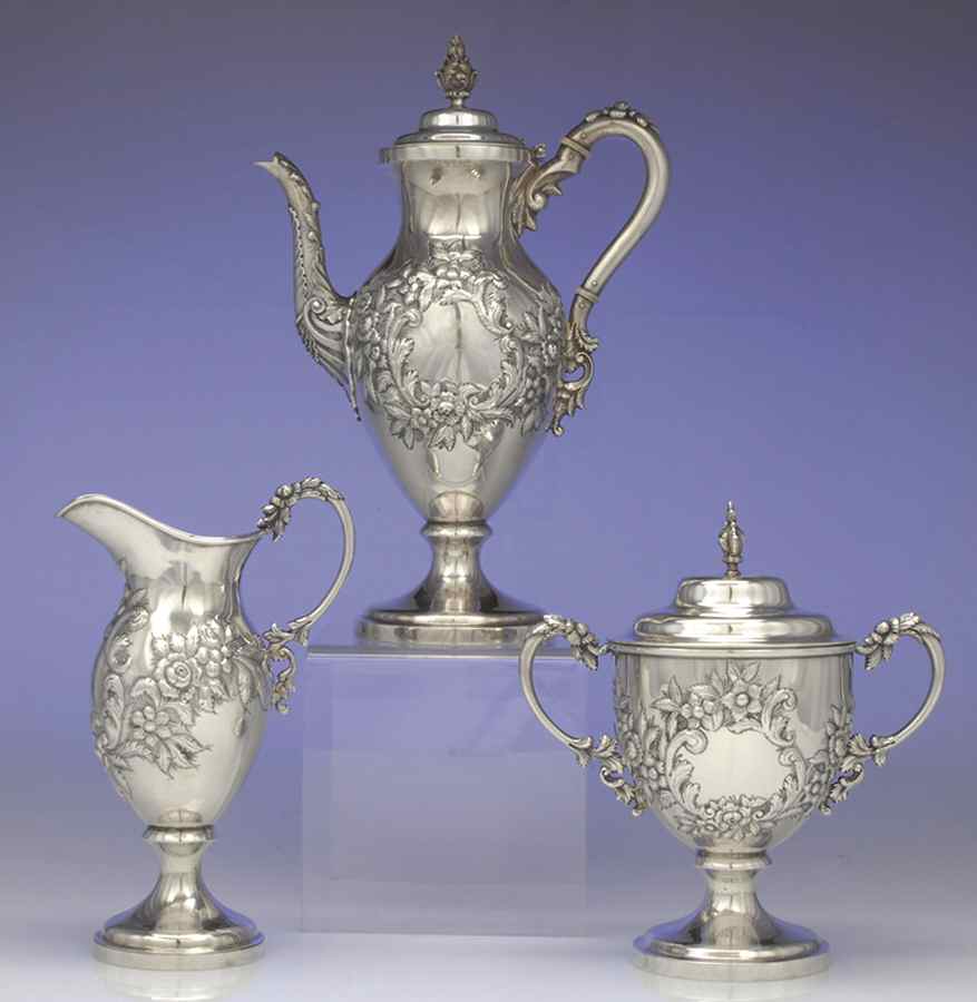 Repousse-Partial Chased-Flrl(1463, S.Kirk&SInc) 3-Piece Coffee Set with Coffee Pot by Kirk Stieff-1