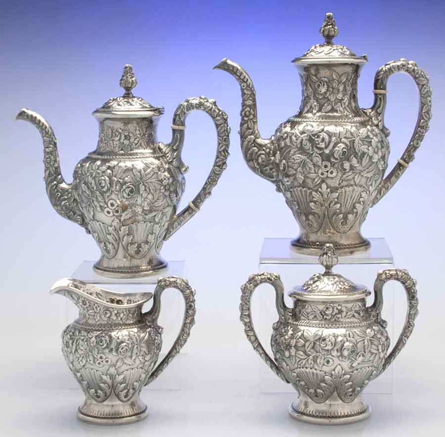 Repousse-Full-Hand Chased (925-1000) 4 Piece Tea Set (SCP, STP, SCR, SSU) by Kirk Stieff-1