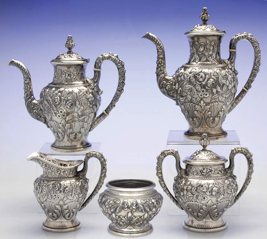Repousse-Full-Hand Chased (925-1000) 5 Piece Tea Set (SCP, STP, SCR, SSU, SWB) by Kirk Stieff-1