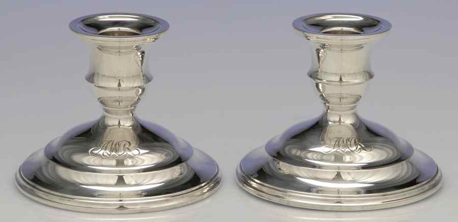 Calvert-Old Maryland Plain (Sterling, Hollowware) Pair of 3" Console Candleholders by Kirk Stieff-1