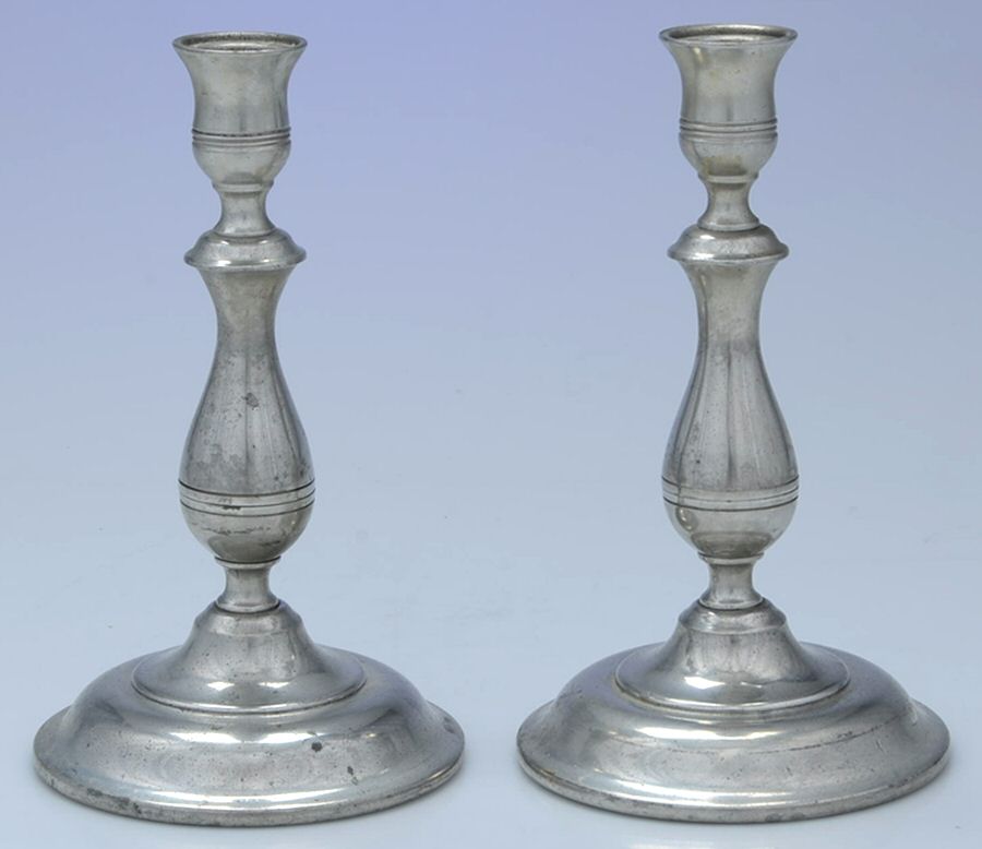 P113 (Pewter, Hollowware) Pair of 7" Candlesticks by Kirk Stieff-1