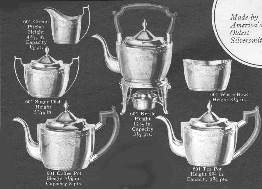 601 (Sterling, Hollowware) 6 Piece Tea Set (SCP, STP, SCR, SSU, SWB, SKES) by Kirk Stieff-1