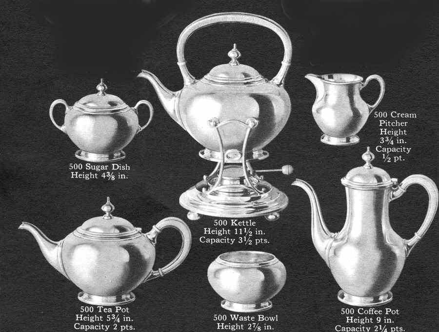 500 (Sterling, Hollowware) 6 Piece Tea Set (SCP, STP, SCR, SSU, SWB, SKES) by Kirk Stieff-1