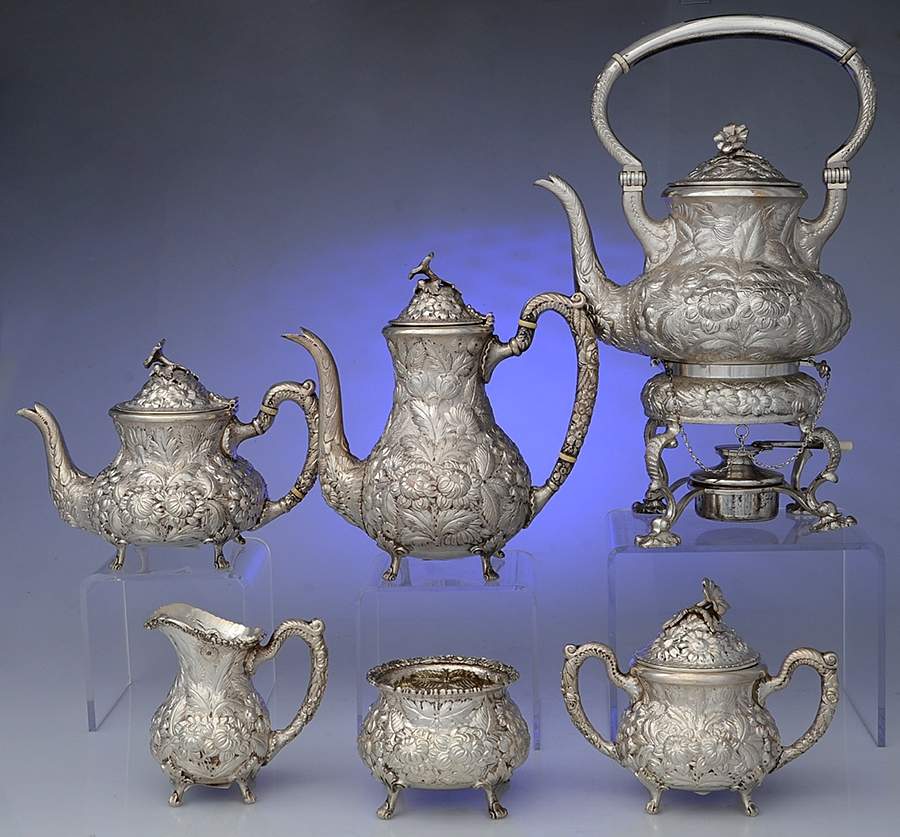 Stieff Rose (Sterling, Hollowware, 700 Series) 6 Piece Tea Set (SCP, STP, SCR, SSU, SWB, SKES) by Kirk Stieff-1