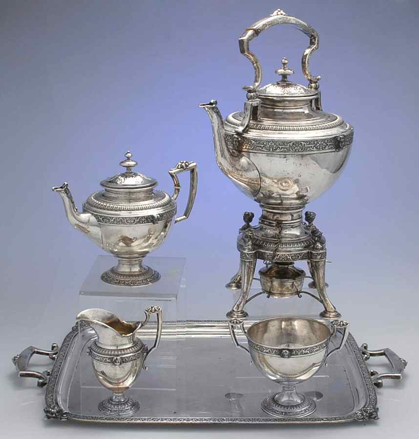 4597 (Sterling, Hollowware) 5 Piece Tea Set (STP, SCR, SWB, SKES, WTL) by Koch & Bergfeld-1