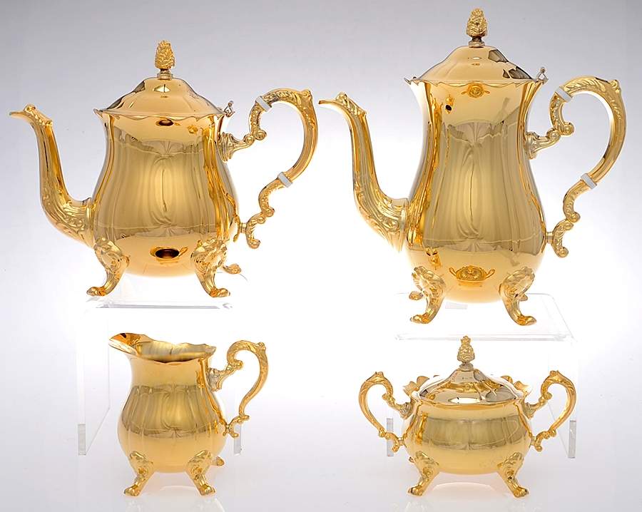 9578 (Gold Electroplate, Hollowware) 4 Piece Tea Set (CP, TP, CR, SU) by Kent Silversmiths-1