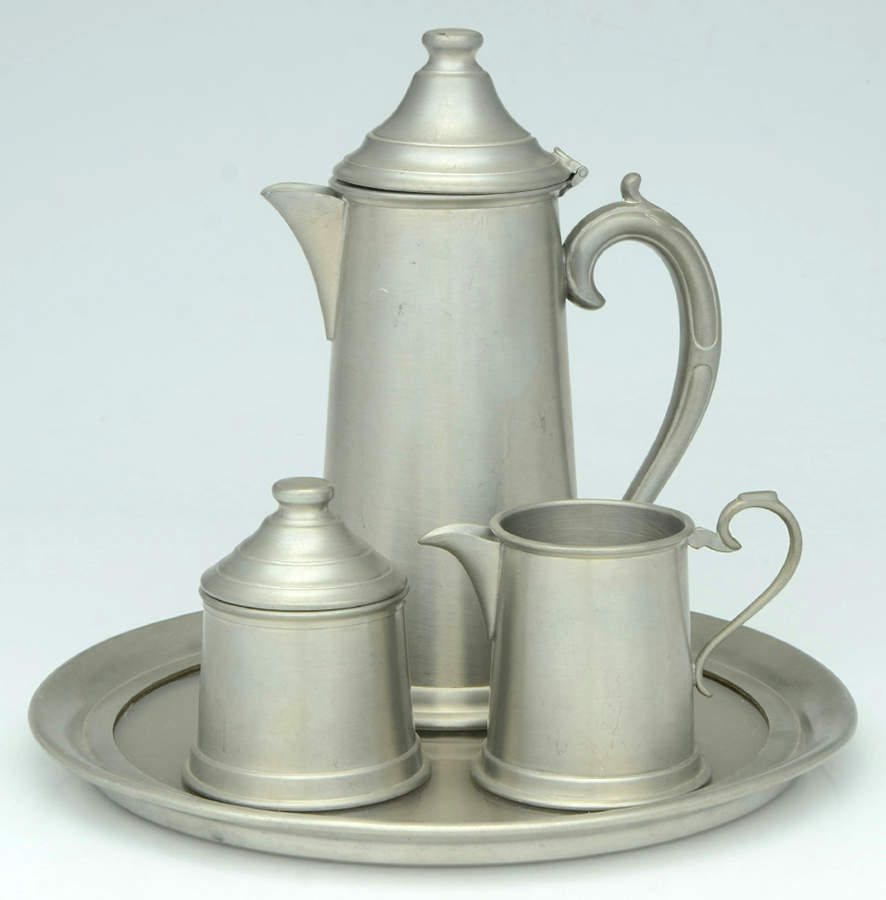 Pewter Hollowware 4 Piece Tea Set (with Tray) by Leonard Silver Mfg Co-1
