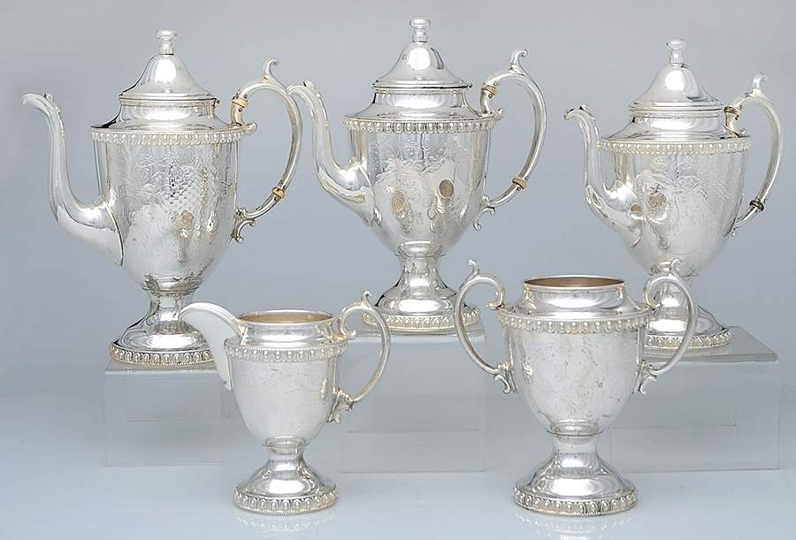 Silverplate Hollowware 5 Pc Coffee Set (1 PCP, 2 PTP, 1 PCR, 1 PSUO) by Leonard Silver Mfg Co-1
