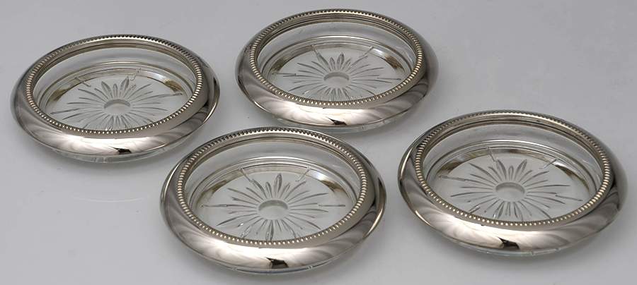 Silverplate Hollowware Crystal Coaster with Silverplate Rim - Set of 4 by Leonard Silver Mfg Co-1