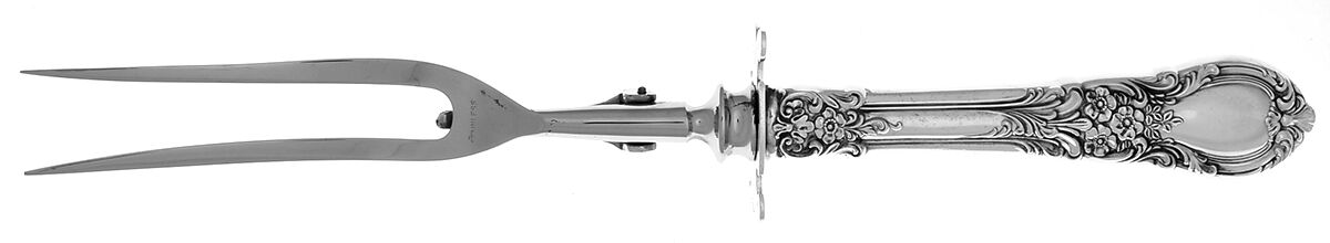 American Victorian (Sterling, 1941, No Monos) Lg Carving/Roast Fork-Stn Prong w/Sterling Guard by Lunt Silver-1