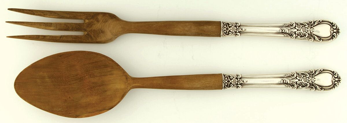 American Victorian (Sterling, 1941, No Monos) Wooden Bowl 2-Piece Salad Set by Lunt Silver-1