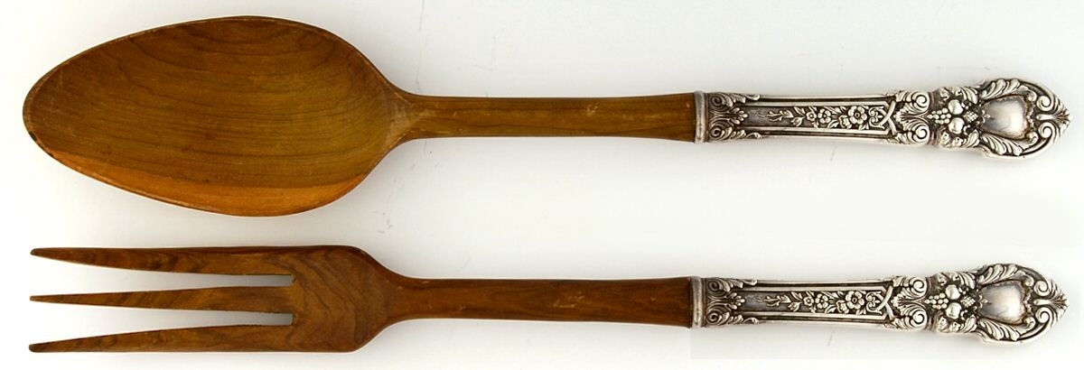 Charles II (Sterling, 1934, No Monograms) Wooden Bowl 2-Piece Salad Set by Lunt Silver-1