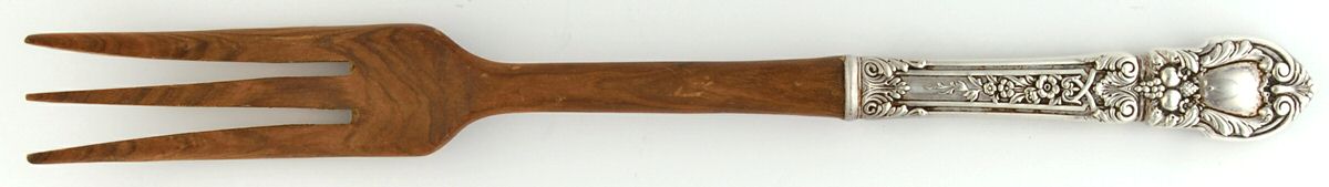 Charles II (Sterling, 1934, No Monograms) Salad Serving Fork with Wooden Prongs by Lunt Silver-1